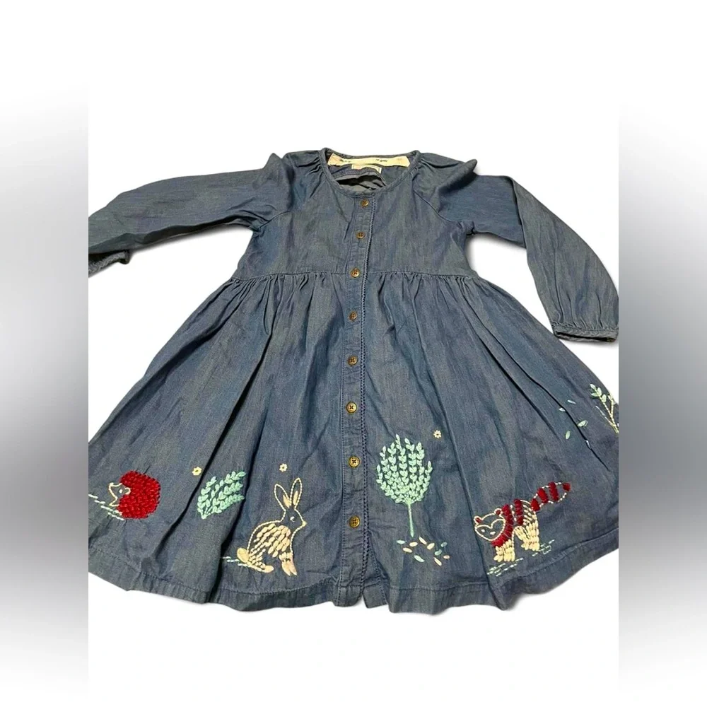 Kids Casual Denim Dress with Embroidered Animals - Picture 1 of 3